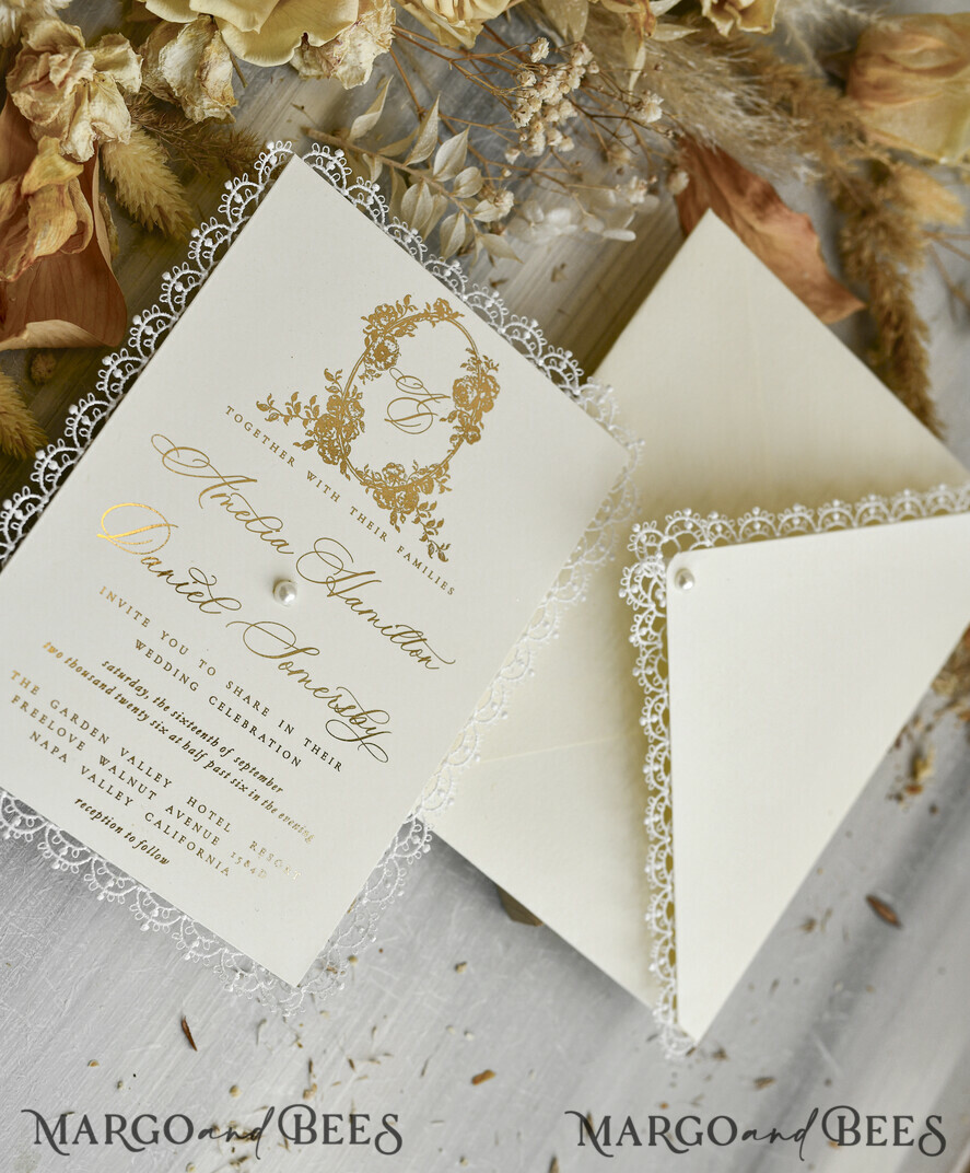 HOCHZEITS EINLADUNGEN vintage Spitze / rustikale Spitze Personalisierte Einladungen zur Goldenen Hochzeit Vintage Spitze Einladungen Elfenbein