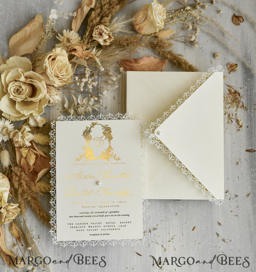 HOCHZEITS EINLADUNGEN vintage Spitze / rustikale Spitze Personalisierte Einladungen zur Goldenen Hochzeit Vintage Spitze Einladungen Elfenbein