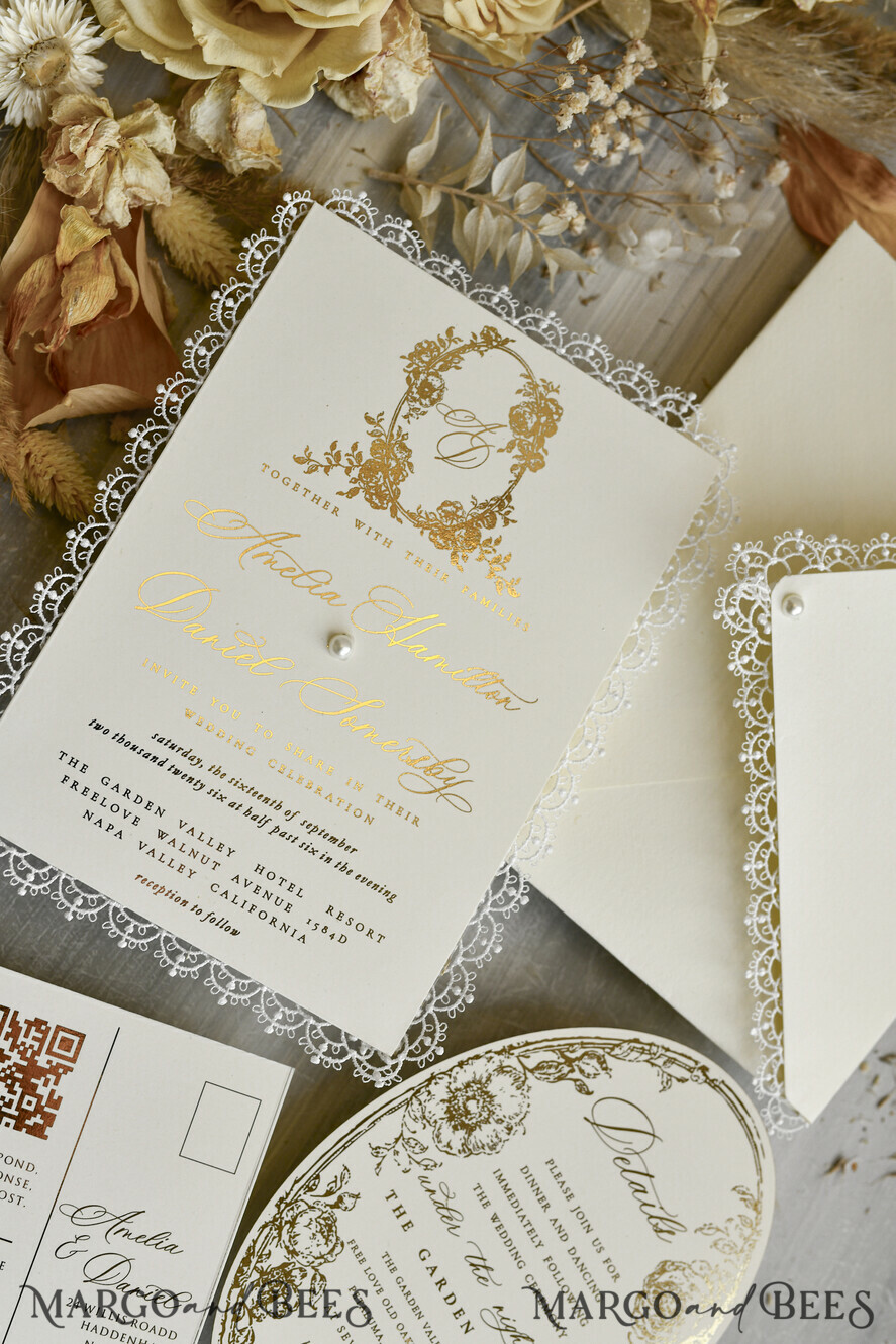 HOCHZEITS EINLADUNGEN vintage Spitze / rustikale Spitze Personalisierte Einladungen zur Goldenen Hochzeit Vintage Spitze Einladungen Elfenbein