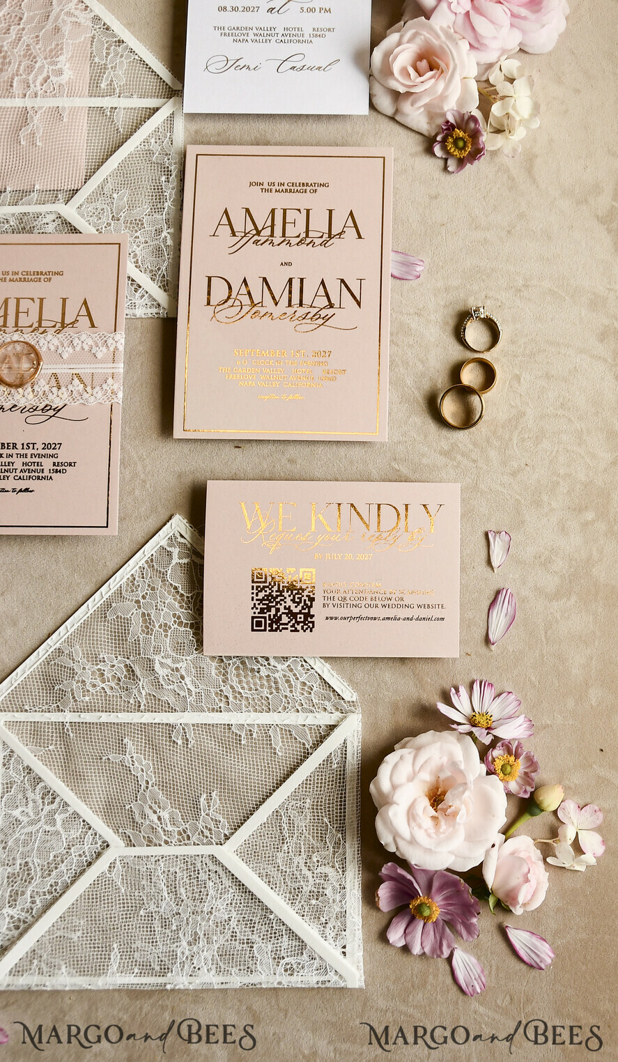 HOCHZEITS EINLADUNGEN vintage Spitze / rustikale Spitze Schnürsenkel-Hochzeitseinladungen mit doppeltem Umschlag Blush & Gold Hochzeitseinladungsset