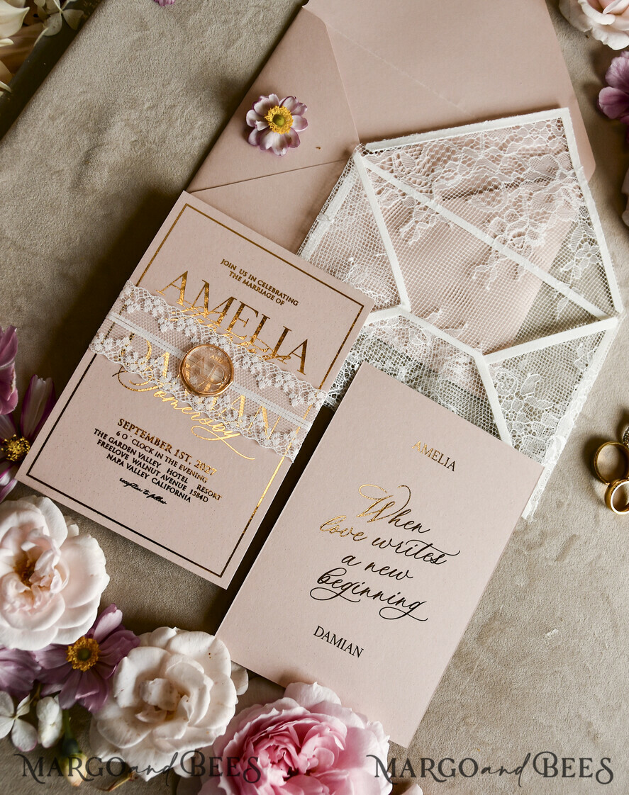 HOCHZEITS EINLADUNGEN vintage Spitze / rustikale Spitze Schnürsenkel-Hochzeitseinladungen mit doppeltem Umschlag Blush & Gold Hochzeitseinladungsset