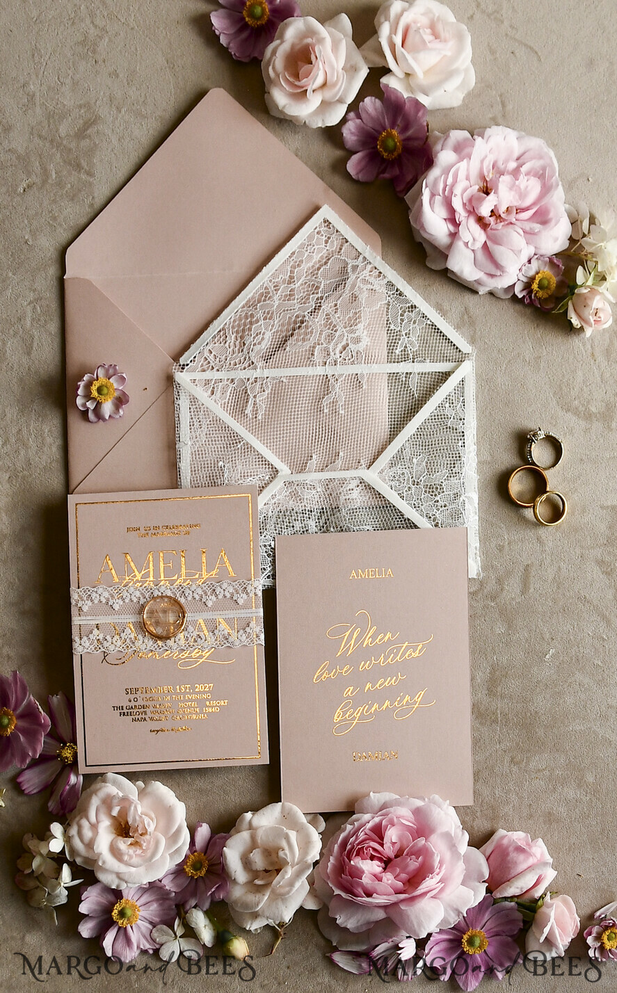 HOCHZEITS EINLADUNGEN vintage Spitze / rustikale Spitze Schnürsenkel-Hochzeitseinladungen mit doppeltem Umschlag Blush & Gold Hochzeitseinladungsset
