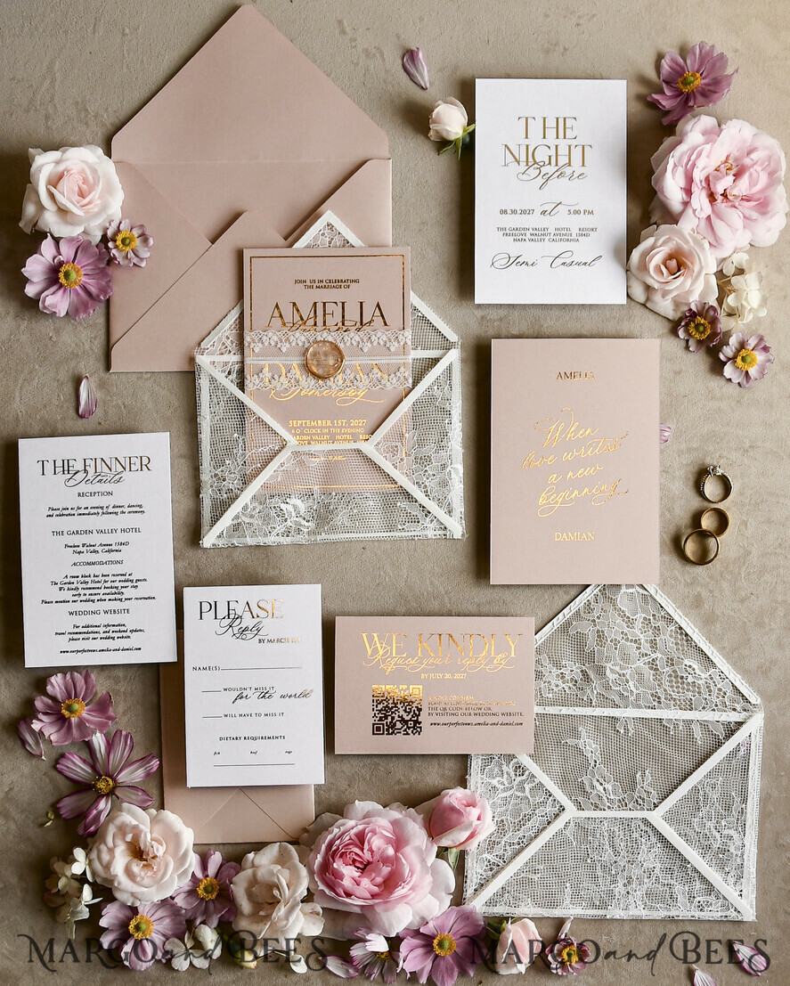 HOCHZEITS EINLADUNGEN vintage Spitze / rustikale Spitze Schnürsenkel-Hochzeitseinladungen mit doppeltem Umschlag Blush & Gold Hochzeitseinladungsset