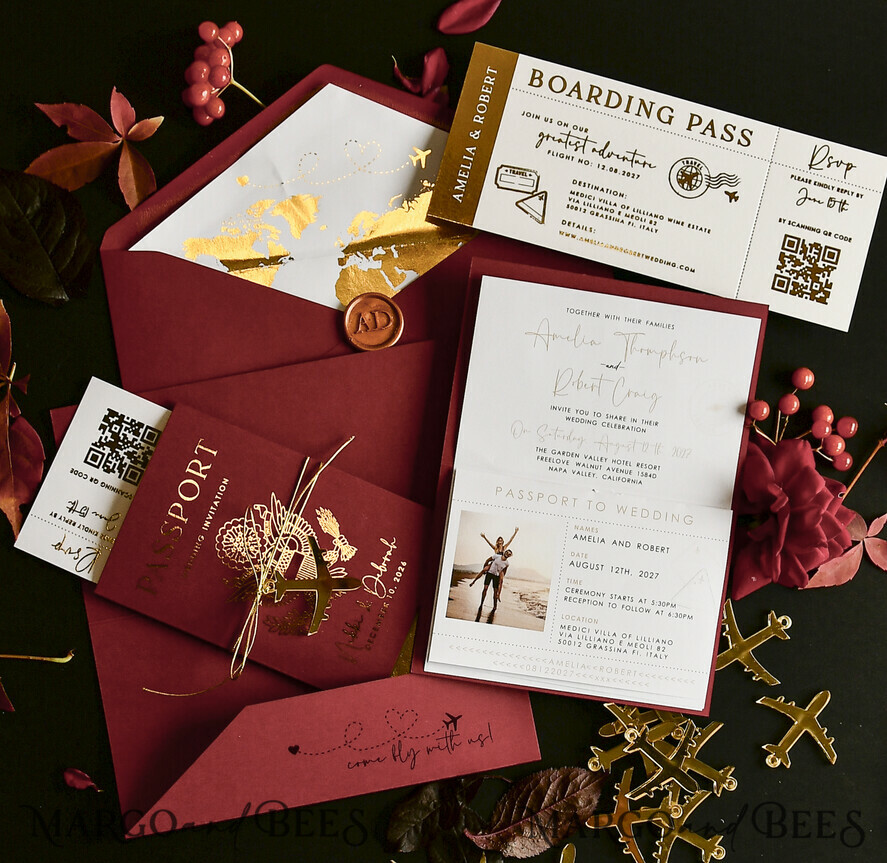 HOCHZEITS EINLADUNGEN Pass zur Liebe / Strandhochzeits-Einladungen Gold-beige Hochzeitsinvitation im Passdesign, goldene Hochzeitskarten im Boarding-Pass-Stil, maßgeschneiderte Reisepass-Hochzeitskarten für das Ausland, Hochzeitskarten für das Reiseziel Griechenland, Hochzeitsstationery mit Reisekarte, Weltkarte.