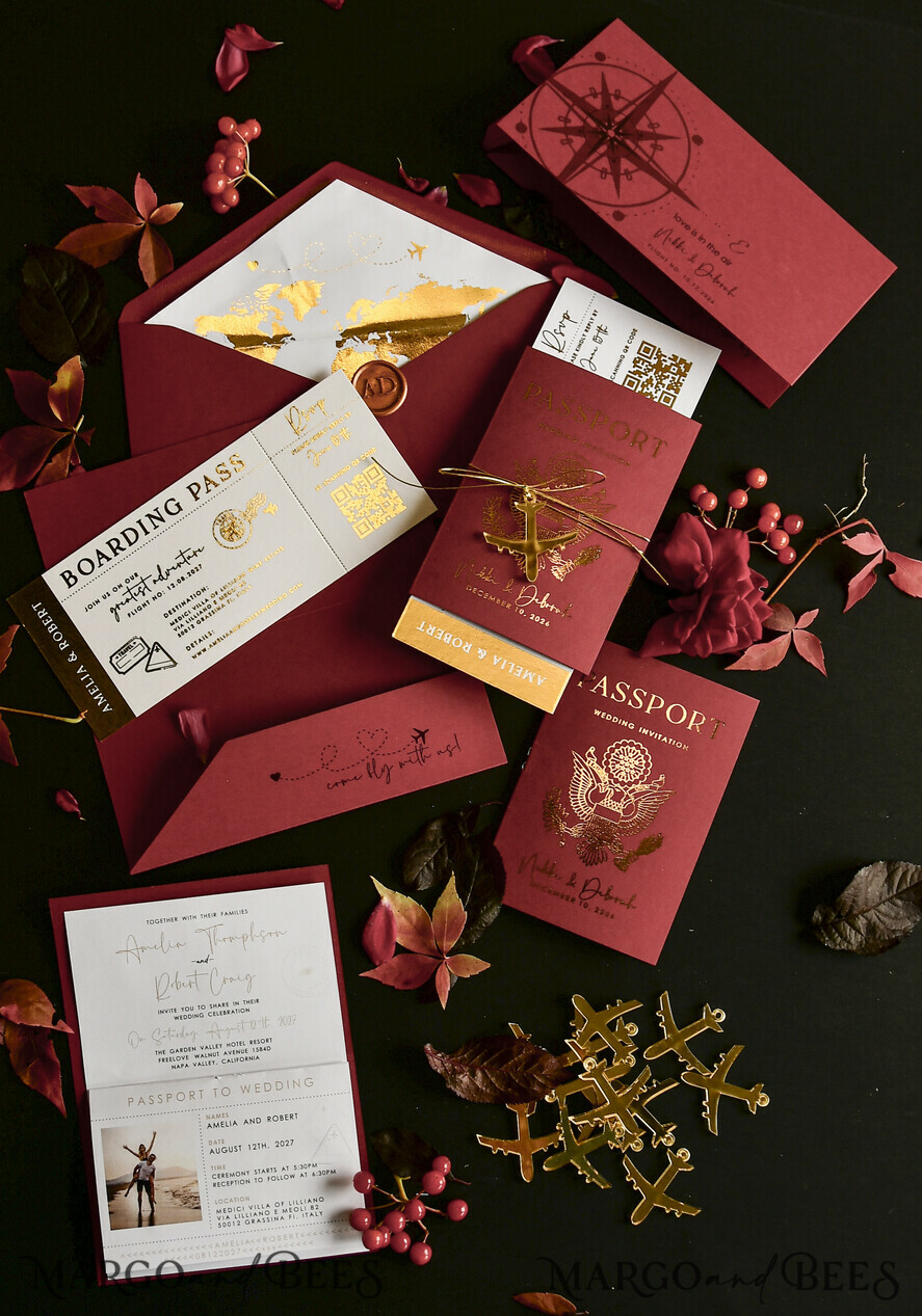 HOCHZEITS EINLADUNGEN Pass zur Liebe / Strandhochzeits-Einladungen Gold-beige Hochzeitsinvitation im Passdesign, goldene Hochzeitskarten im Boarding-Pass-Stil, maßgeschneiderte Reisepass-Hochzeitskarten für das Ausland, Hochzeitskarten für das Reiseziel Griechenland, Hochzeitsstationery mit Reisekarte, Weltkarte.