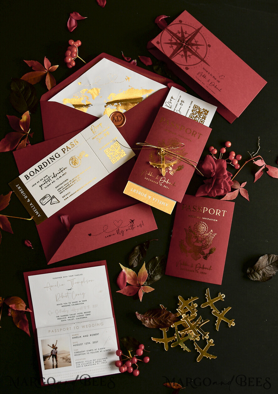 HOCHZEITS EINLADUNGEN Pass zur Liebe / Strandhochzeits-Einladungen Gold-beige Hochzeitsinvitation im Passdesign, goldene Hochzeitskarten im Boarding-Pass-Stil, maßgeschneiderte Reisepass-Hochzeitskarten für das Ausland, Hochzeitskarten für das Reiseziel Griechenland, Hochzeitsstationery mit Reisekarte, Weltkarte.