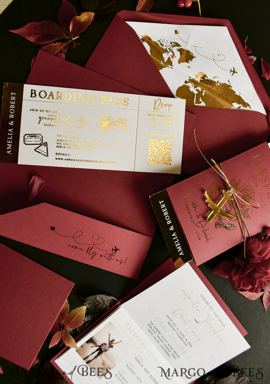 HOCHZEITS EINLADUNGEN Pass zur Liebe / Strandhochzeits-Einladungen Gold-beige Hochzeitsinvitation im Passdesign, goldene Hochzeitskarten im Boarding-Pass-Stil, maßgeschneiderte Reisepass-Hochzeitskarten für das Ausland, Hochzeitskarten für das Reiseziel Griechenland, Hochzeitsstationery mit Reisekarte, Weltkarte.