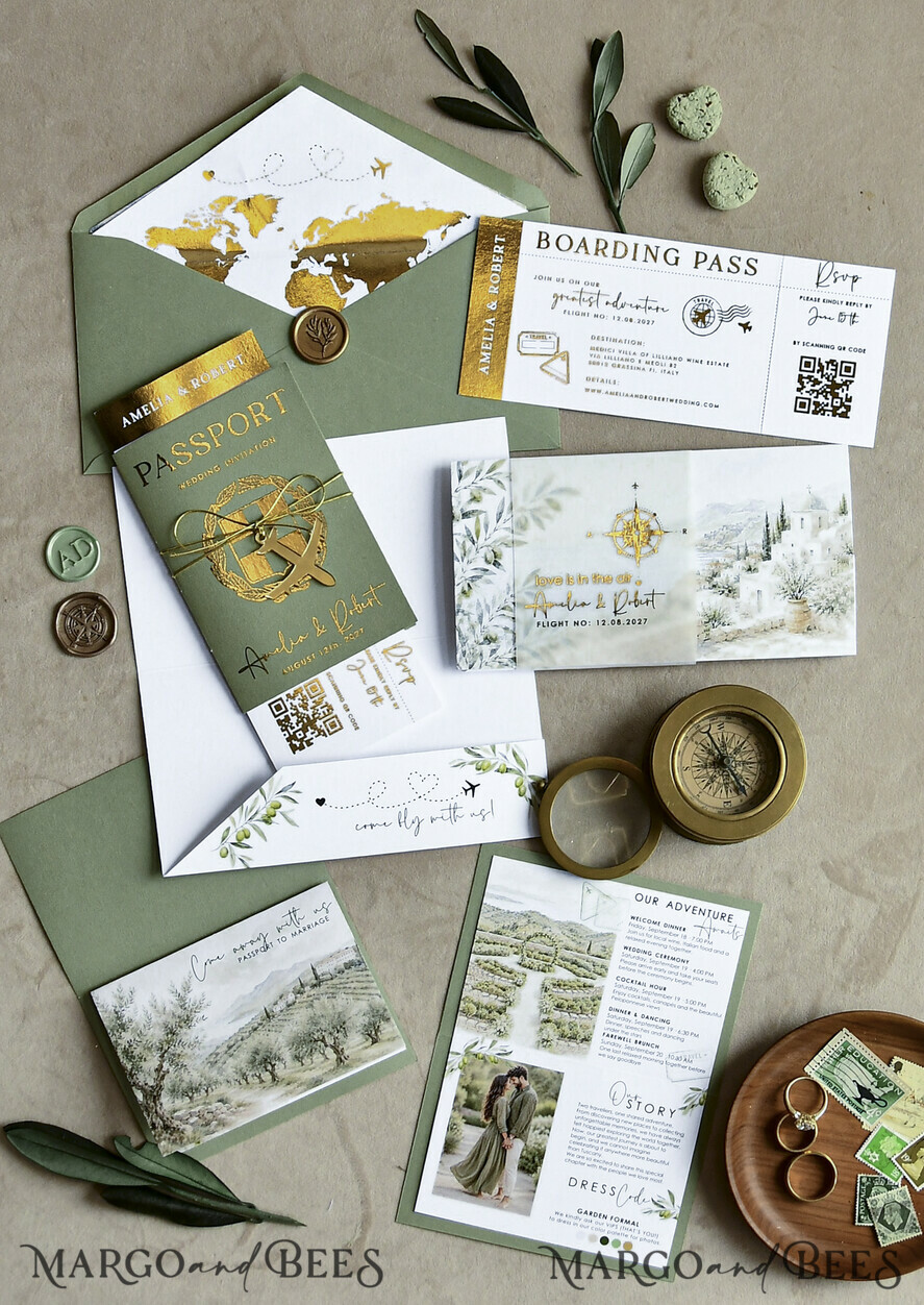 HOCHZEITS EINLADUNGEN Pass zur Liebe / Strandhochzeits-Einladungen Salbeigrüne Pass-Hochzeitskarte, Hochzeitskarten Boardingticket, Toskana Pass-Hochzeitskarten im Ausland, Hochzeits-Einladungen für Destinationen, Reisekarten-Hochzeitsstationery.