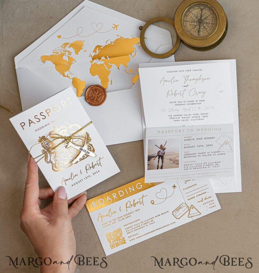 HOCHZEITS EINLADUNGEN Pass zur Liebe / Strandhochzeits-Einladungen Weißer Goldener Pass Hochzeitseinladung, Goldene Flugzeug Hochzeitseinladungen Boarding Pass, Reisepass Hochzeitseinladungen im Ausland, Zielhochzeitseinladungen, Reisekarten Hochzeitspapeterie, Boarding Pass Einladungen