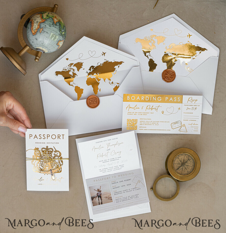 HOCHZEITS EINLADUNGEN Pass zur Liebe / Strandhochzeits-Einladungen Weißer Goldener Pass Hochzeitseinladung, Goldene Flugzeug Hochzeitseinladungen Boarding Pass, Reisepass Hochzeitseinladungen im Ausland, Zielhochzeitseinladungen, Reisekarten Hochzeitspapeterie, Boarding Pass Einladungen