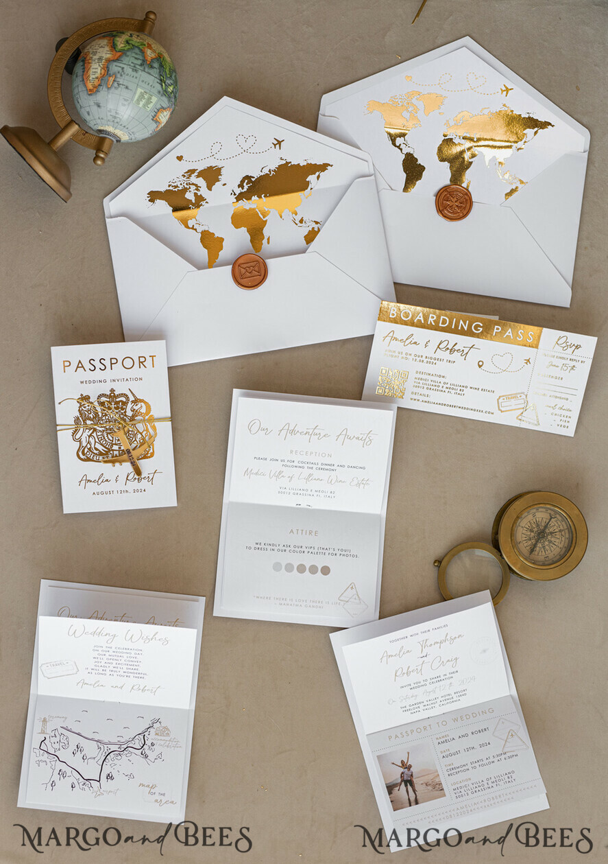 HOCHZEITS EINLADUNGEN Pass zur Liebe / Strandhochzeits-Einladungen Weißer Goldener Pass Hochzeitseinladung, Goldene Flugzeug Hochzeitseinladungen Boarding Pass, Reisepass Hochzeitseinladungen im Ausland, Zielhochzeitseinladungen, Reisekarten Hochzeitspapeterie, Boarding Pass Einladungen