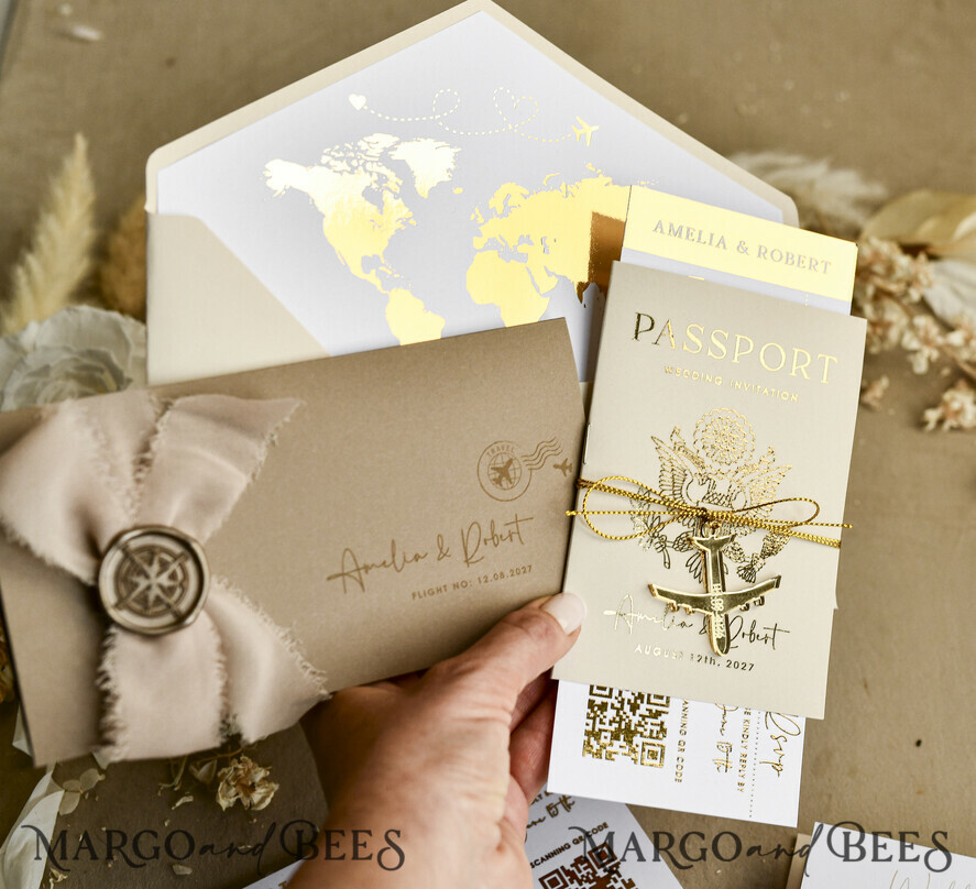 HOCHZEITS EINLADUNGEN Pass zur Liebe / Strandhochzeits-Einladungen Goldene Weiße Pass Hochzeitseinladung, Goldene Hochzeitskarten Boarding-Pass, Maßgeschneiderte Reisepass-Hochzeitseinladungen im Ausland, Hochzeitskarten für Destination Griechenland, Reisekarten Hochzeitsstationary, Weltkarte