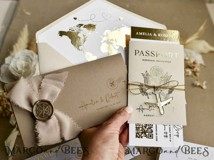 HOCHZEITS EINLADUNGEN Pass zur Liebe / Strandhochzeits-Einladungen Goldene Weiße Pass Hochzeitseinladung, Goldene Hochzeitskarten Boarding-Pass, Maßgeschneiderte Reisepass-Hochzeitseinladungen im Ausland, Hochzeitskarten für Destination Griechenland, Reisekarten Hochzeitsstationary, Weltkarte