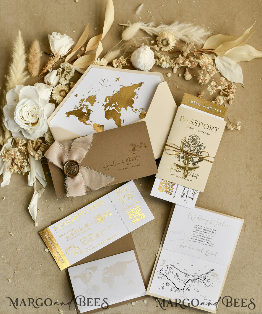 HOCHZEITS EINLADUNGEN Pass zur Liebe / Strandhochzeits-Einladungen Goldene Weiße Pass Hochzeitseinladung, Goldene Hochzeitskarten Boarding-Pass, Maßgeschneiderte Reisepass-Hochzeitseinladungen im Ausland, Hochzeitskarten für Destination Griechenland, Reisekarten Hochzeitsstationary, Weltkarte