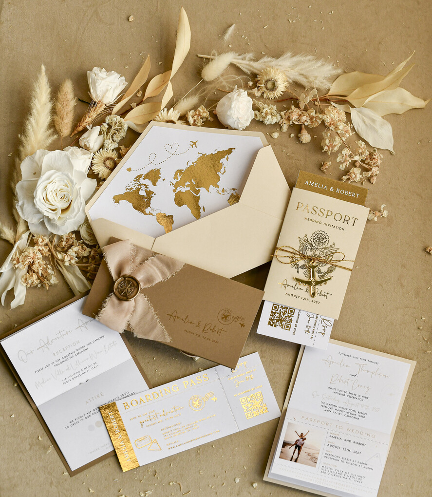 HOCHZEITS EINLADUNGEN Pass zur Liebe / Strandhochzeits-Einladungen Goldene Weiße Pass Hochzeitseinladung, Goldene Hochzeitskarten Boarding-Pass, Maßgeschneiderte Reisepass-Hochzeitseinladungen im Ausland, Hochzeitskarten für Destination Griechenland, Reisekarten Hochzeitsstationary, Weltkarte