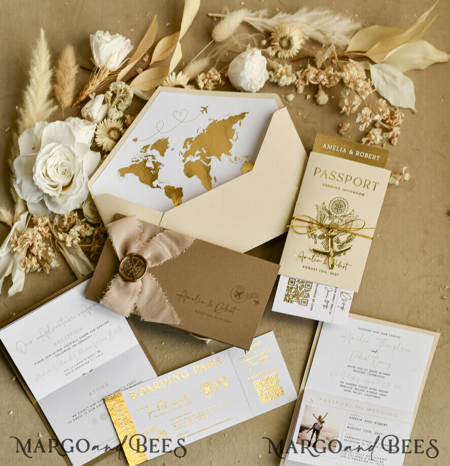 HOCHZEITS EINLADUNGEN Pass zur Liebe / Strandhochzeits-Einladungen Goldene Weiße Pass Hochzeitseinladung, Goldene Hochzeitskarten Boarding-Pass, Maßgeschneiderte Reisepass-Hochzeitseinladungen im Ausland, Hochzeitskarten für Destination Griechenland, Reisekarten Hochzeitsstationary, Weltkarte