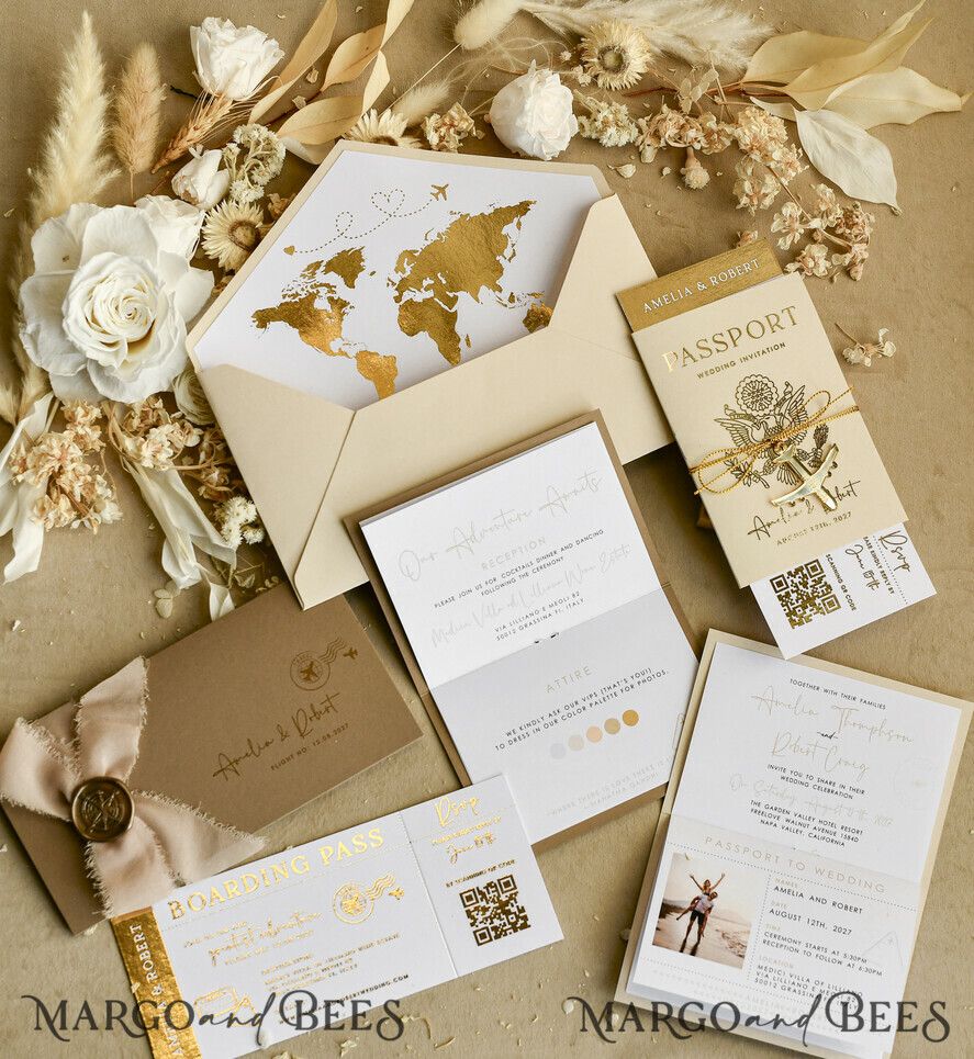HOCHZEITS EINLADUNGEN Pass zur Liebe / Strandhochzeits-Einladungen Goldene Weiße Pass Hochzeitseinladung, Goldene Hochzeitskarten Boarding-Pass, Maßgeschneiderte Reisepass-Hochzeitseinladungen im Ausland, Hochzeitskarten für Destination Griechenland, Reisekarten Hochzeitsstationary, Weltkarte