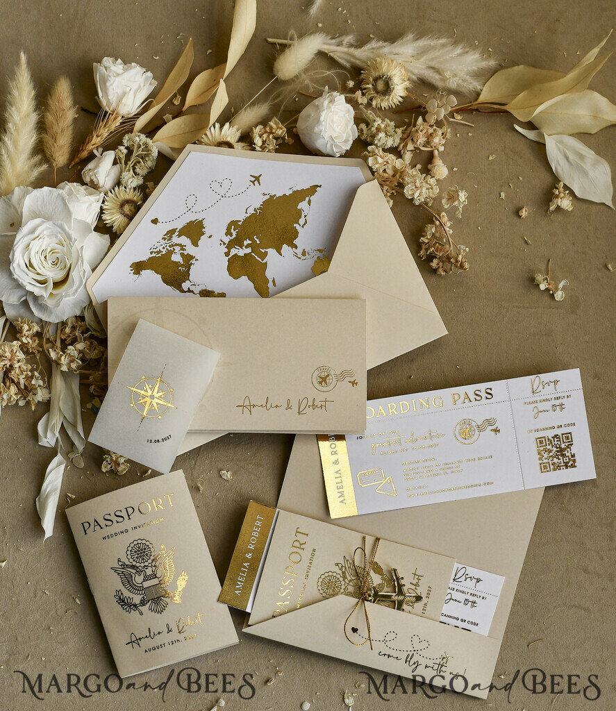 HOCHZEITS EINLADUNGEN Pass zur Liebe / Strandhochzeits-Einladungen Goldbeige Pass Hochzeitseinladung, goldene Hochzeitskarten Boarding-Pass, maßgeschneiderte Reise-Pass Hochzeitseinladungen im Ausland, Hochzeitskarten für das Reiseziel Griechenland, Reise-Karten Hochzeitspapeterie, Weltkarte