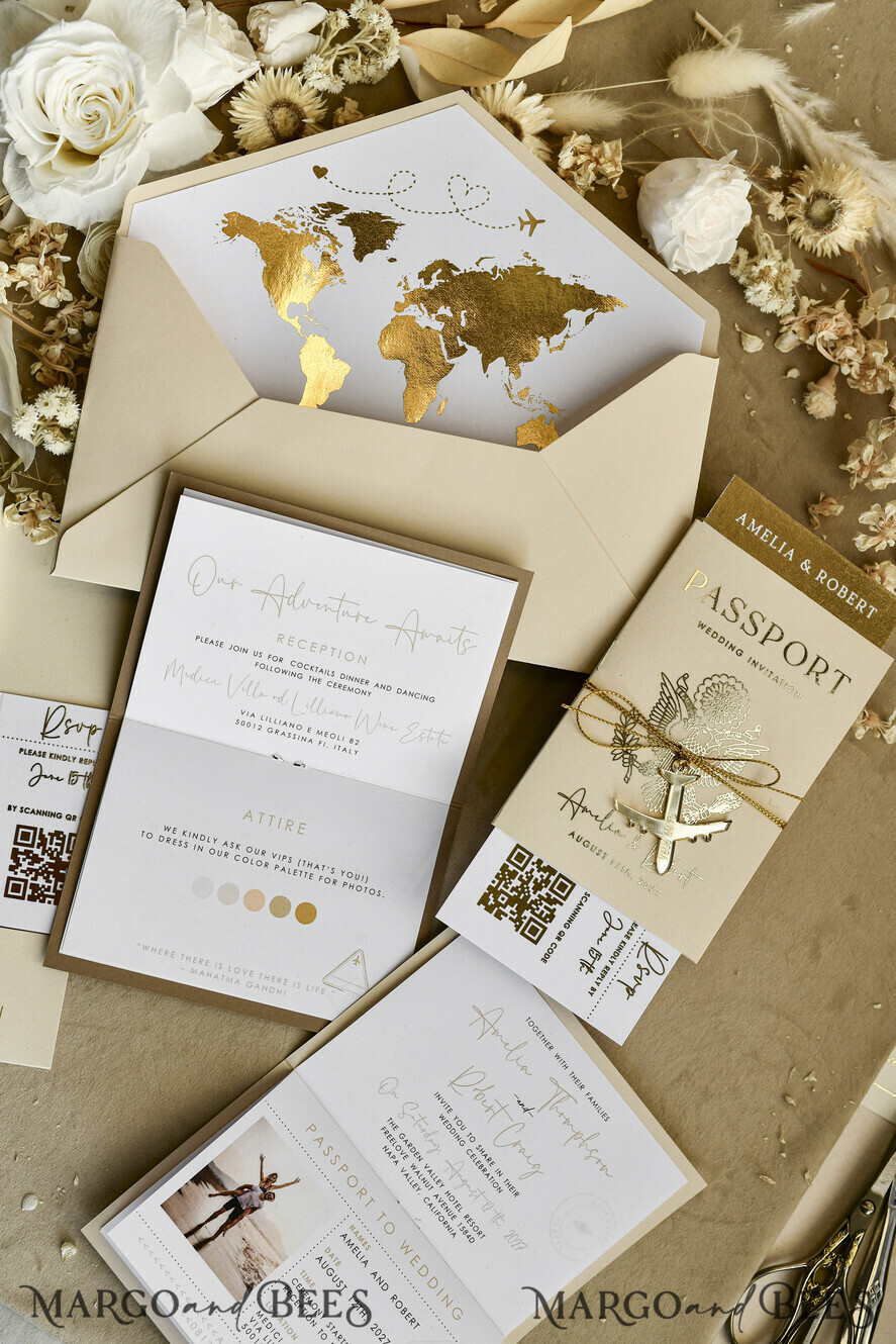 HOCHZEITS EINLADUNGEN Pass zur Liebe / Strandhochzeits-Einladungen Goldbeige Pass Hochzeitseinladung, goldene Hochzeitskarten Boarding-Pass, maßgeschneiderte Reise-Pass Hochzeitseinladungen im Ausland, Hochzeitskarten für das Reiseziel Griechenland, Reise-Karten Hochzeitspapeterie, Weltkarte