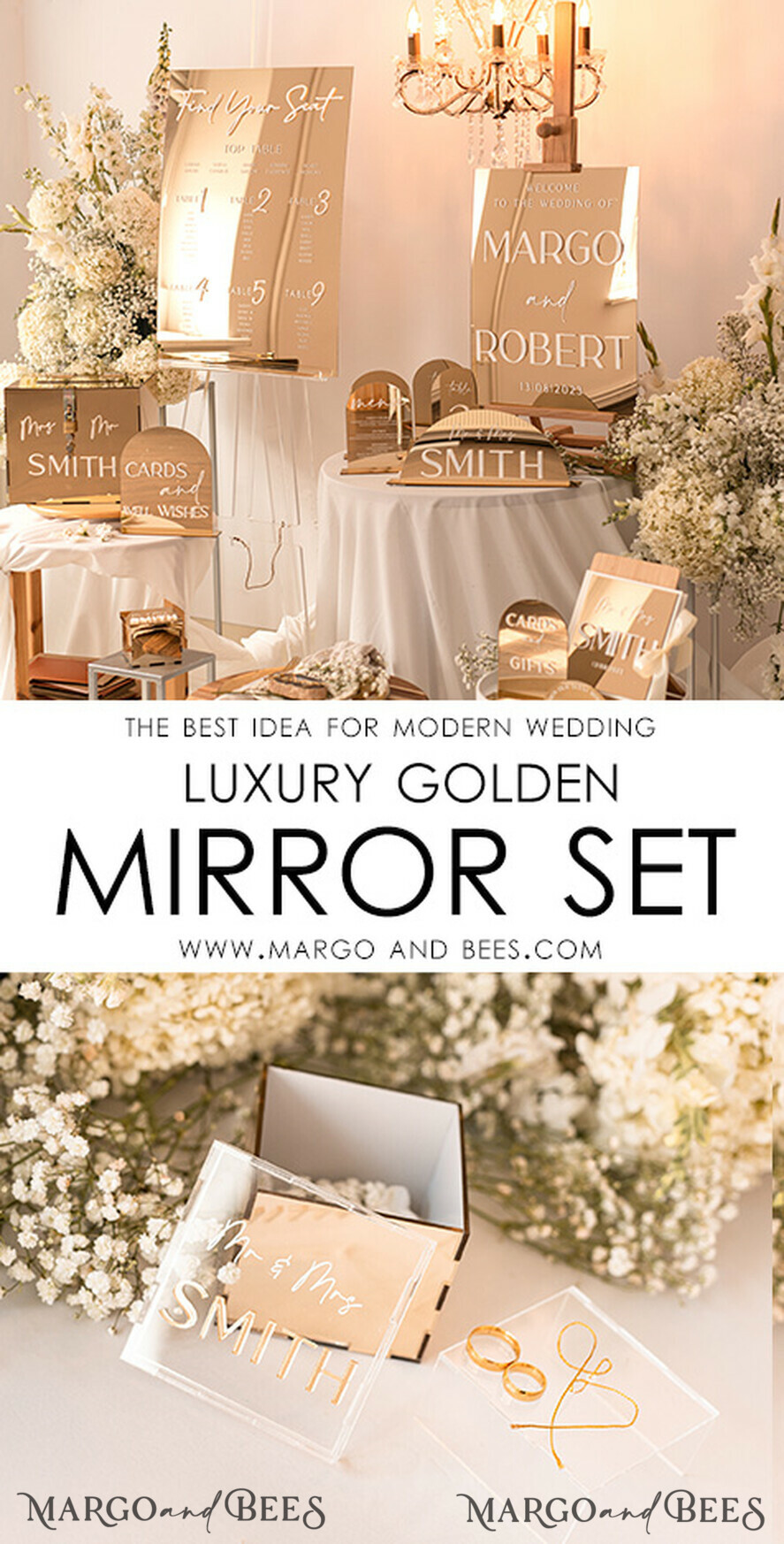 RINGTRÄGERBOXEN & KISSEN Klarer Gold-Acrylringbox Ringbox für die Hochzeitszeremonie 3 Ringe, Spiegel-Acryl Goldene Hochzeitsringbox für die Zeremonie, Boho Glam Hochzeitsringboxen, Luxus Acryl Goldringbox doppelt, benutzerdefinierte Farben.