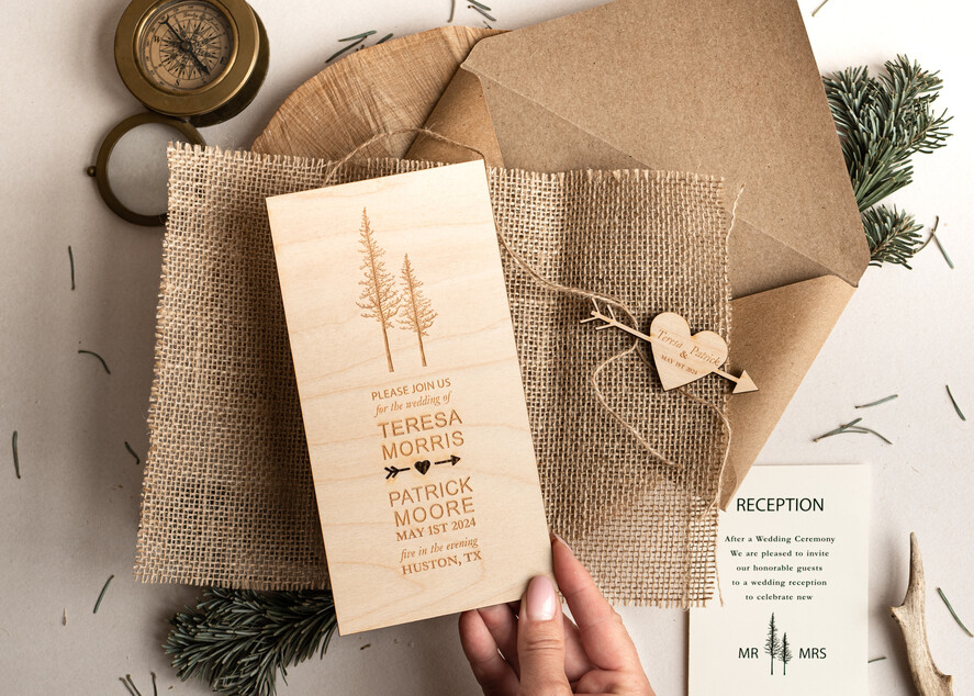 HOCHZEITS EINLADUNGEN Wald / Berge / Waldlandschaft Thema Wald Holz Hochzeits Einladung Suite mit Umschlägen, Moderne Rustikale Hochzeits Einladung, Natürliche Holzeinladungen Suite Hochzeitskarten, Natürliche Hochzeits Einladungen, Kieferwald Frosted Hochzeits Einladung Suite, Kiefernbäume Hochzeits Einladung.
