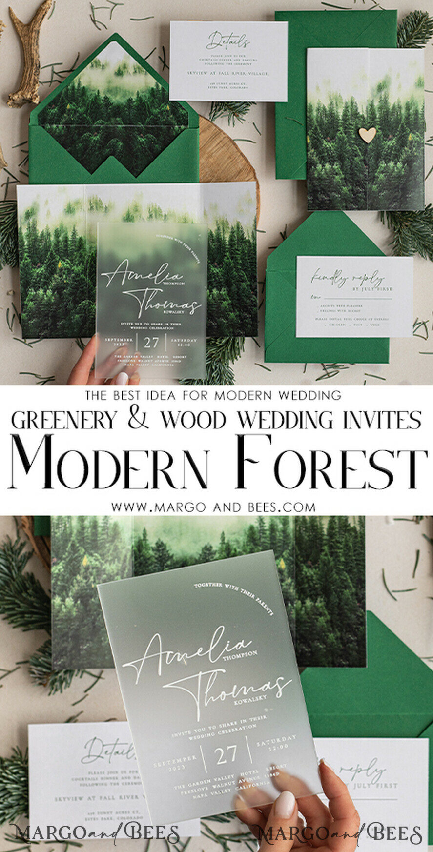 HOCHZEITS EINLADUNGEN Wald / Berge / Waldlandschaft Thema Wald Acryl Hochzeits-Einladungset, moderne rustikale Hochzeitskarten, klare Plexiglassuite Hochzeitskarten, grüne Hochzeitseinladungen, neblige Wald-gefüllte Hochzeitseinladungssuite, Hochzeitskarte mit Kiefern aus Plexiglas.