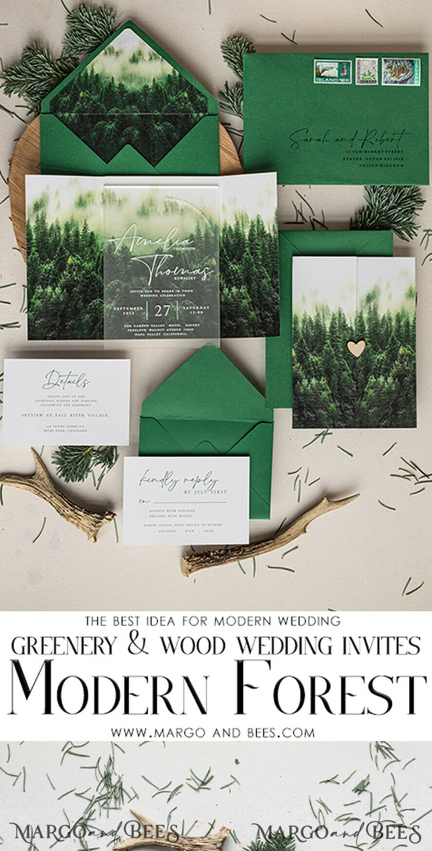 HOCHZEITS EINLADUNGEN Wald / Berge / Waldlandschaft Thema Wald Acryl Hochzeits-Einladungset, moderne rustikale Hochzeitskarten, klare Plexiglassuite Hochzeitskarten, grüne Hochzeitseinladungen, neblige Wald-gefüllte Hochzeitseinladungssuite, Hochzeitskarte mit Kiefern aus Plexiglas.