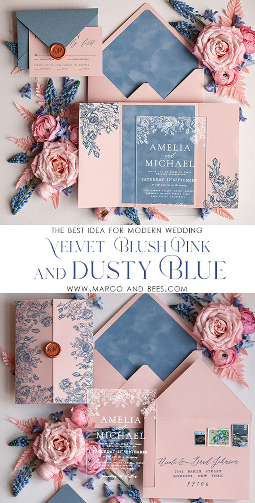 HOCHZEITS EINLADUNGEN Elegante Einladungen Klassische Karten Samtene Blush-Pink moderne Hochzeitskarten, Acryl gefrorene blaue pinke Hochzeitskarten, Plexi-Hochzeitskarten, Luxus blaue Blush-Pink Hochzeitskarten
