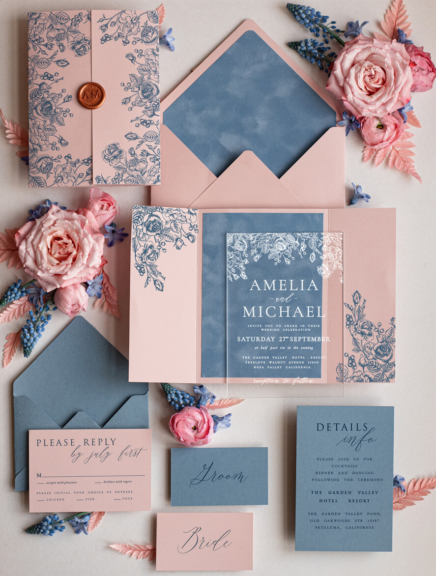 HOCHZEITS EINLADUNGEN Elegante Einladungen Klassische Karten Samtene Blush-Pink moderne Hochzeitskarten, Acryl gefrorene blaue pinke Hochzeitskarten, Plexi-Hochzeitskarten, Luxus blaue Blush-Pink Hochzeitskarten