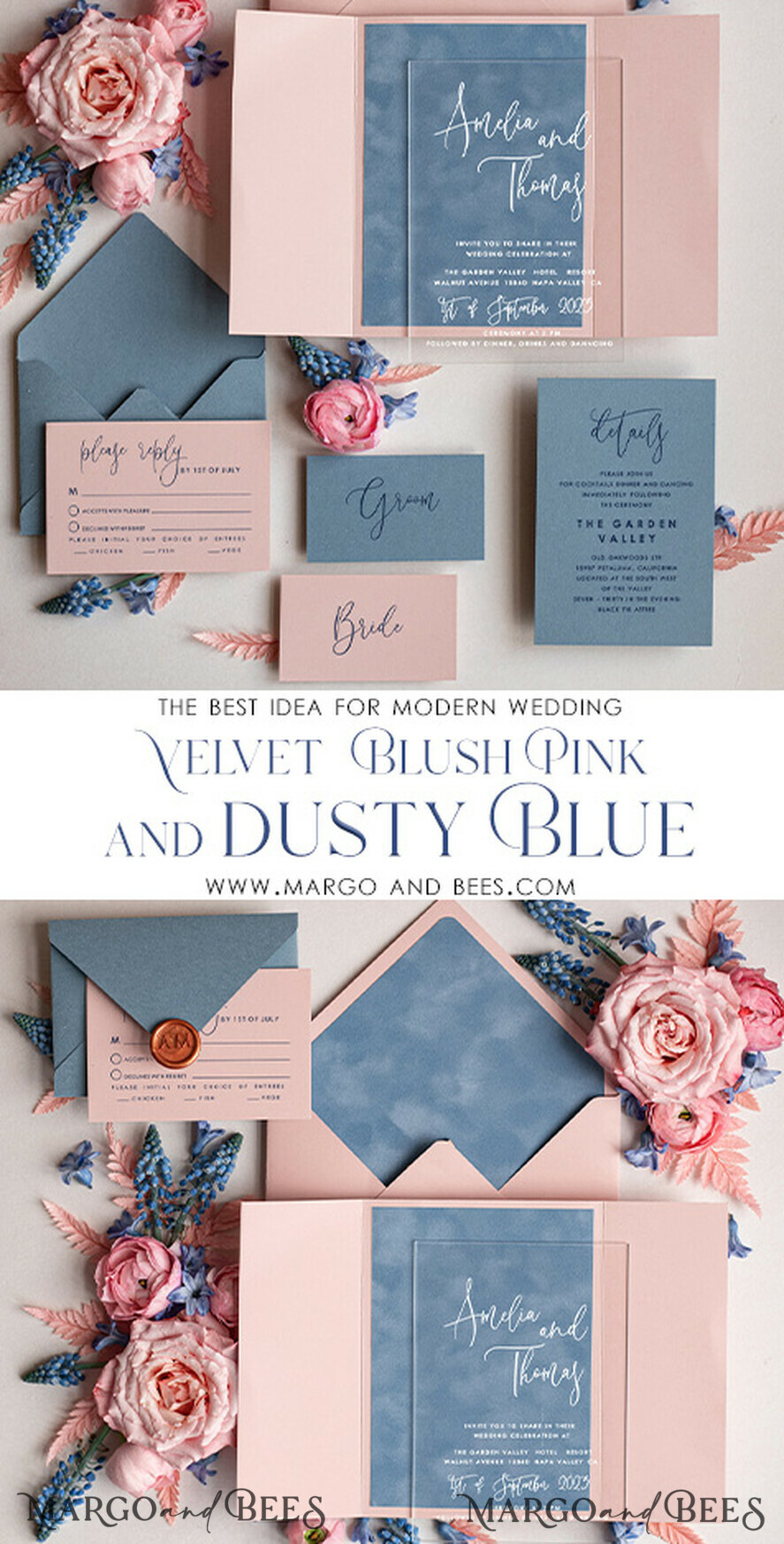 HOCHZEITS EINLADUNGEN Elegante Einladungen Klassische Karten Maßgeschneiderte Acryl Hochzeits Einladungskarten in blush pink, Glamour Velours dasty blue Hochzeits Einladungen, Plexi Velours Hochzeits Einladungssatz, Luxus Eisblau Hochzeitskarten mit Wachssiegel in Kupfer.