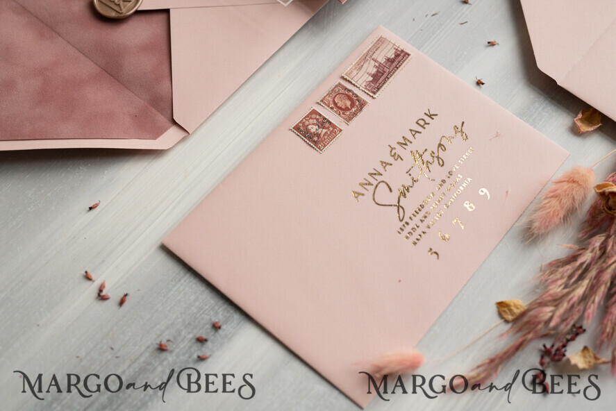 HOCHZEITS EINLADUNGEN Elegante Einladungen Klassische Karten Arch Plexiglas Hochzeitsinvitationsset, Blush Pink Goldene Hochzeitskarten mit RSVP Samtummantelung, Acryl Moderne Hochzeitskarten