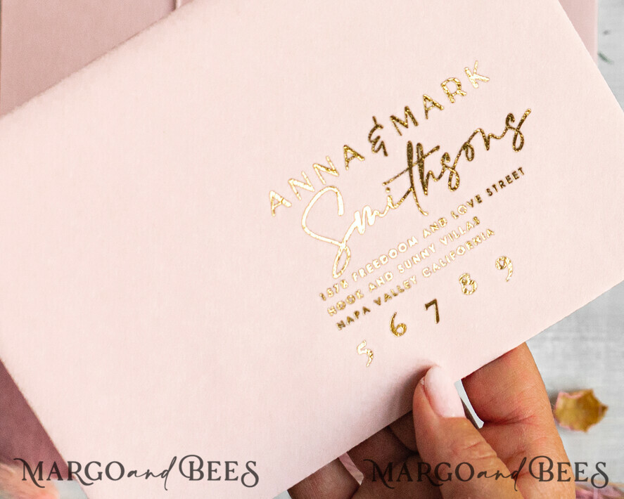 HOCHZEITS EINLADUNGEN Elegante Einladungen Klassische Karten Arch Plexiglas Hochzeitsinvitationsset, Blush Pink Goldene Hochzeitskarten mit RSVP Samtummantelung, Acryl Moderne Hochzeitskarten