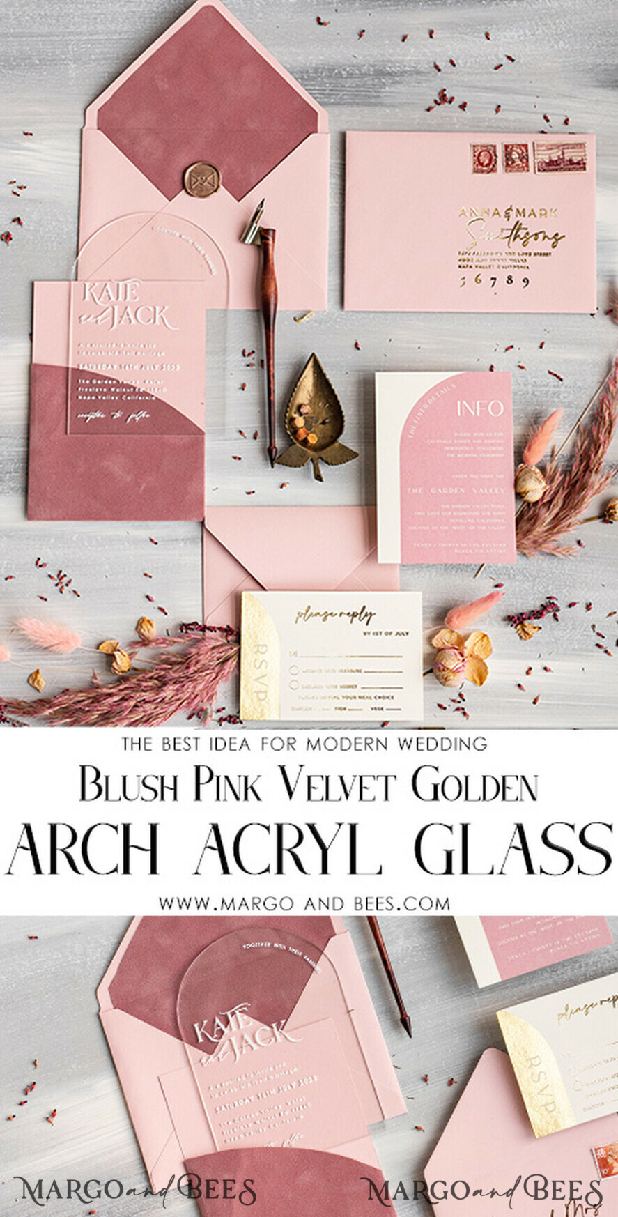HOCHZEITS EINLADUNGEN Elegante Einladungen Klassische Karten Arch Plexiglas Hochzeitsinvitationsset, Blush Pink Goldene Hochzeitskarten mit RSVP Samtummantelung, Acryl Moderne Hochzeitskarten