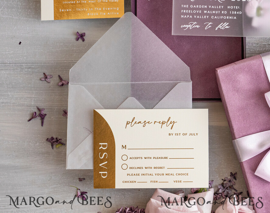 HOCHZEITS EINLADUNGEN Elegante Einladungen Klassische Karten Luxus Mauve Samt Box Hochzeitseinladungen, elegante Acryl Hochzeitseinladungen mit goldener Schleife, glamouröse goldene Hochzeitskarten, handgemachte Hochzeitsstationery.