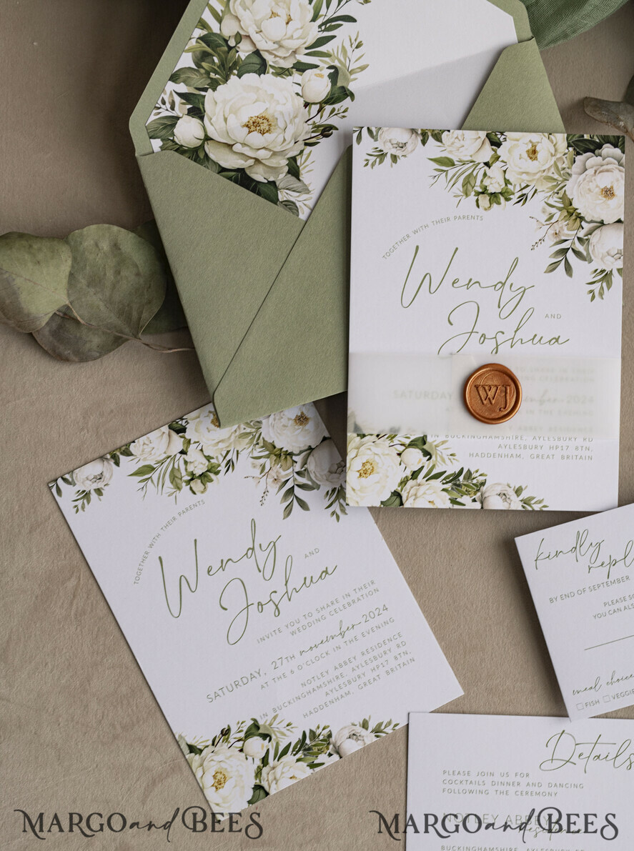 WEDDING INVITATIONS Elegant Invites Classic Cards Vintage Sage Green Wedding Invitations, Elegant Greenery Wedding Invites, Bespoke Vellum Wedding Invitation Suite, Minimalistic Green Wedding Cards