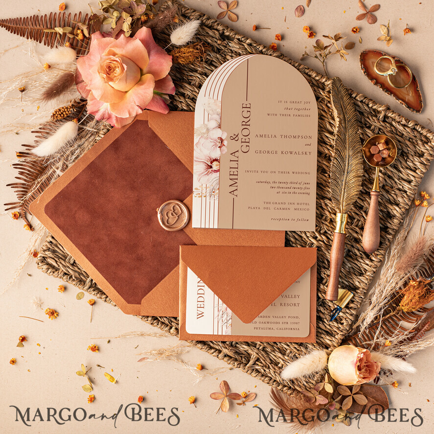 Luxury Arch Terracotta Acrylic Wedding Invitations, Velvet Pocket