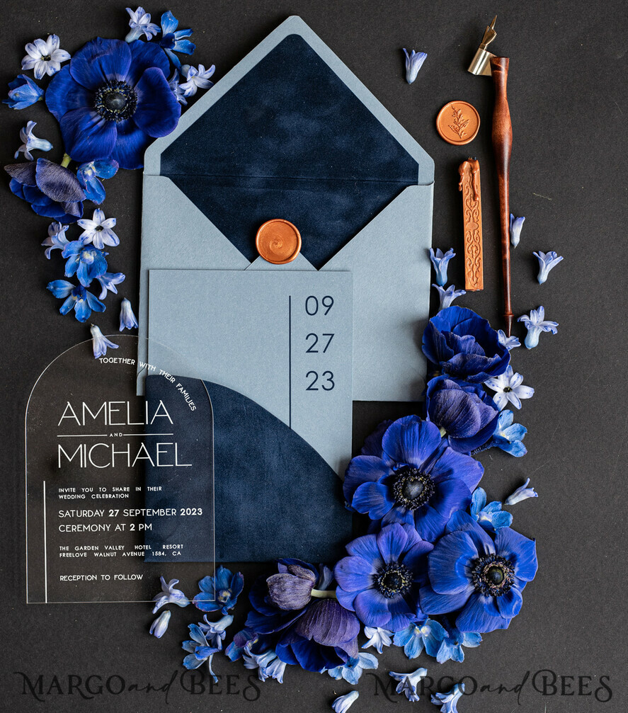 HOCHZEITS EINLADUNGEN Elegante Einladungen Klassische Karten Luxus Acryl Hochzeitskarten, Samt-Tasche Marineblaue moderne Hochzeitskarten, hellblaue moderne Einladungen, minimalistische Plexi Hochzeits Einladung Suite