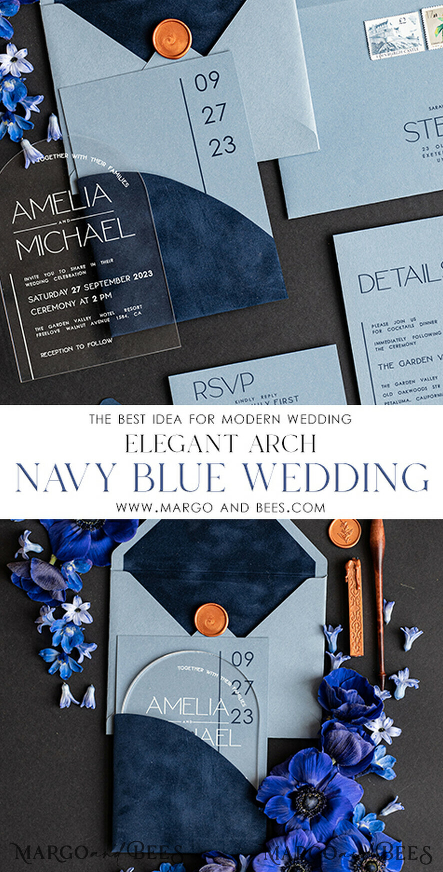 HOCHZEITS EINLADUNGEN Elegante Einladungen Klassische Karten Luxus Acryl Hochzeitskarten, Samt-Tasche Marineblaue moderne Hochzeitskarten, hellblaue moderne Einladungen, minimalistische Plexi Hochzeits Einladung Suite