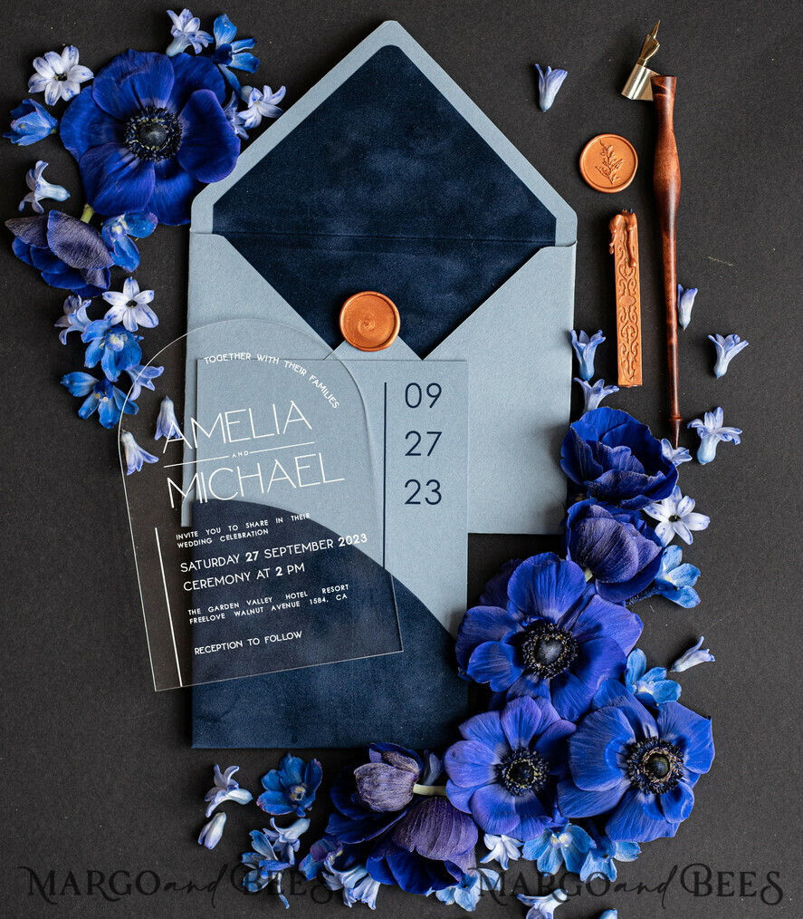 HOCHZEITS EINLADUNGEN Elegante Einladungen Klassische Karten Luxus Acryl Hochzeitskarten, Samt-Tasche Marineblaue moderne Hochzeitskarten, hellblaue moderne Einladungen, minimalistische Plexi Hochzeits Einladung Suite