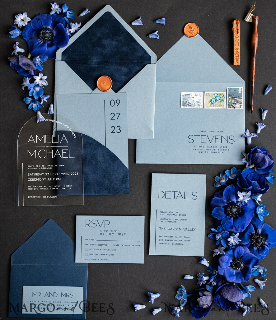 HOCHZEITS EINLADUNGEN Elegante Einladungen Klassische Karten Luxus Acryl Hochzeitskarten, Samt-Tasche Marineblaue moderne Hochzeitskarten, hellblaue moderne Einladungen, minimalistische Plexi Hochzeits Einladung Suite
