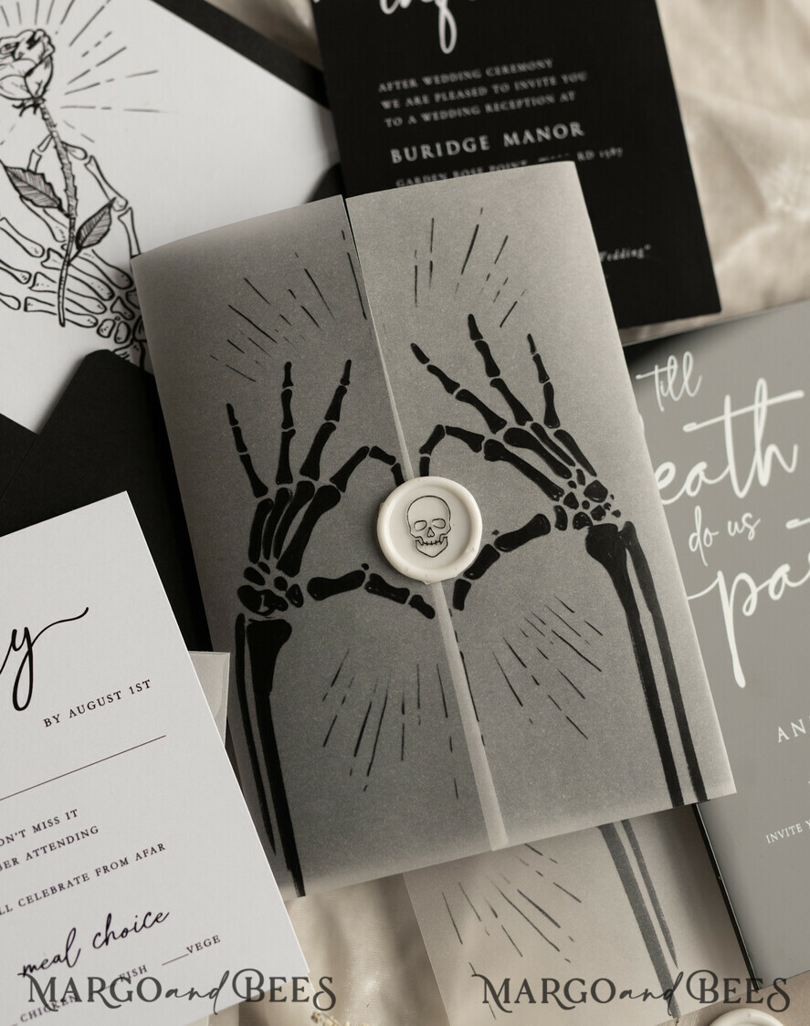 HOCHZEITS EINLADUNGEN Elegante Einladungen Klassische Karten Schwarzes Halloween-Hochzeitseinladungsset, glänzende schwarze Acryl-Einladungen, Goth-Hochzeitspapeterie, Skelettliebespaare schwarze Plexi-Hochzeitseinladungen Set