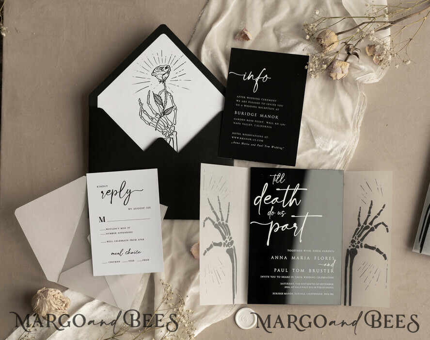 HOCHZEITS EINLADUNGEN Elegante Einladungen Klassische Karten Schwarzes Halloween-Hochzeitseinladungsset, glänzende schwarze Acryl-Einladungen, Goth-Hochzeitspapeterie, Skelettliebespaare schwarze Plexi-Hochzeitseinladungen Set