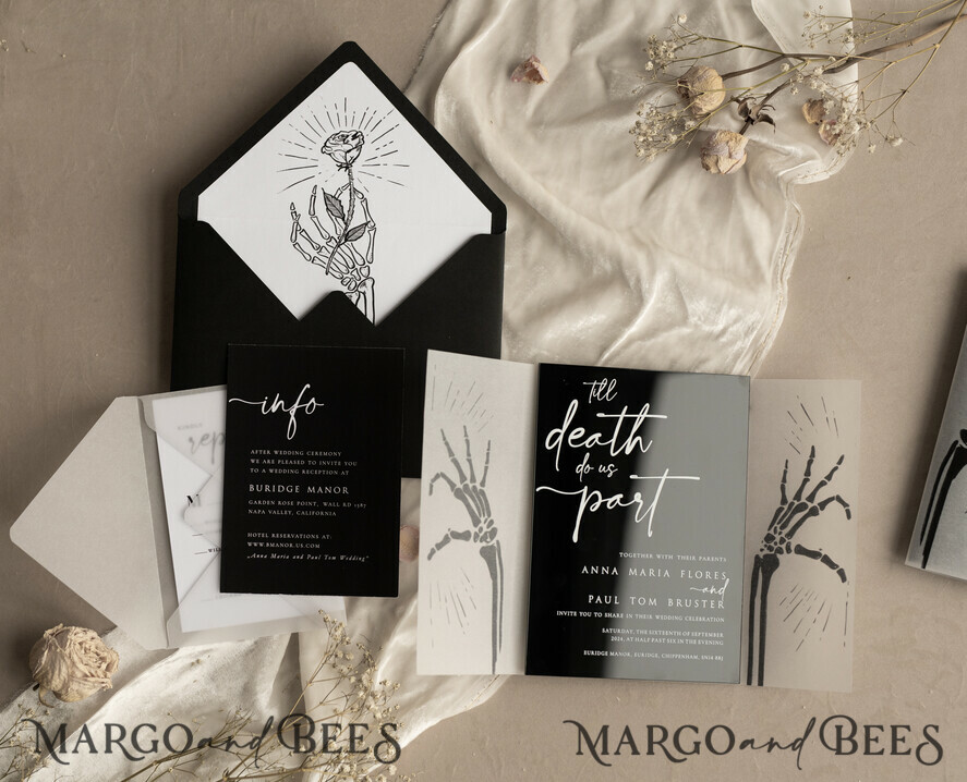 HOCHZEITS EINLADUNGEN Elegante Einladungen Klassische Karten Schwarzes Halloween-Hochzeitseinladungsset, glänzende schwarze Acryl-Einladungen, Goth-Hochzeitspapeterie, Skelettliebespaare schwarze Plexi-Hochzeitseinladungen Set