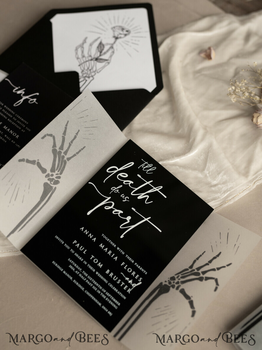 HOCHZEITS EINLADUNGEN Elegante Einladungen Klassische Karten Schwarzes Halloween-Hochzeitseinladungsset, glänzende schwarze Acryl-Einladungen, Goth-Hochzeitspapeterie, Skelettliebespaare schwarze Plexi-Hochzeitseinladungen Set