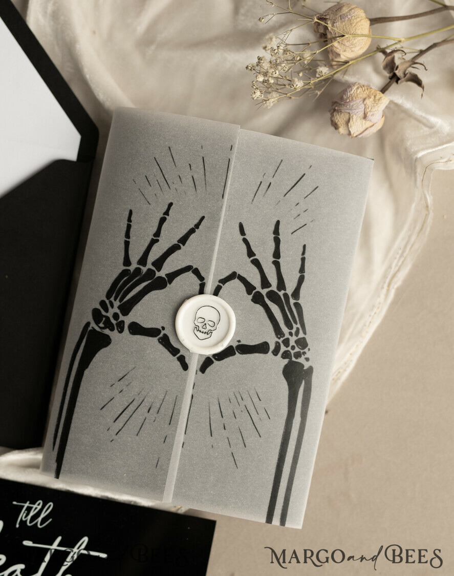 HOCHZEITS EINLADUNGEN Elegante Einladungen Klassische Karten Schwarzes Halloween-Hochzeitseinladungsset, glänzende schwarze Acryl-Einladungen, Goth-Hochzeitspapeterie, Skelettliebespaare schwarze Plexi-Hochzeitseinladungen Set