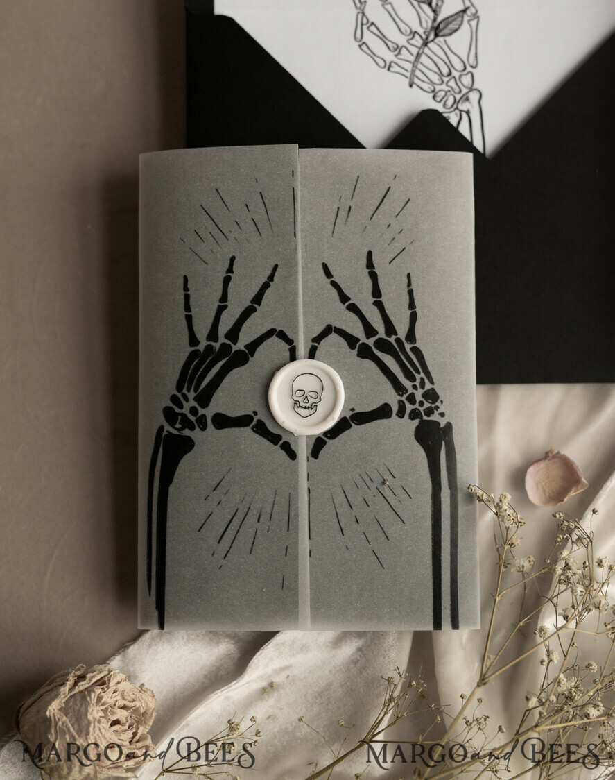 HOCHZEITS EINLADUNGEN Elegante Einladungen Klassische Karten Schwarzes Halloween-Hochzeitseinladungsset, glänzende schwarze Acryl-Einladungen, Goth-Hochzeitspapeterie, Skelettliebespaare schwarze Plexi-Hochzeitseinladungen Set
