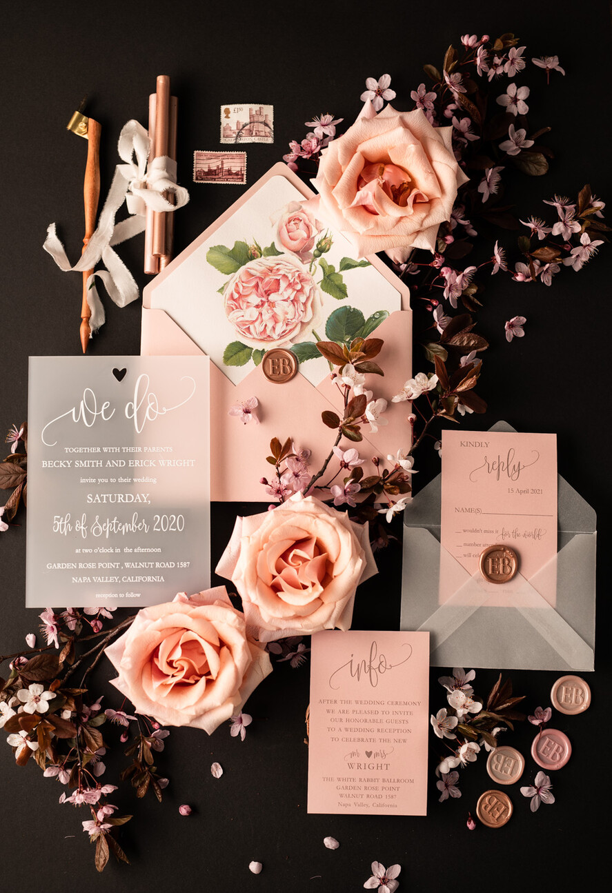 HOCHZEITS EINLADUNGEN Elegante Einladungen Klassische Karten Luxus Gefrorene Acryl Plexi Hochzeits Einladungen, Romantische Blush Pink Hochzeits Einladungen, Elegante Pfingstrose Hochzeitskarten, Minimalistische Hochzeitsstationery