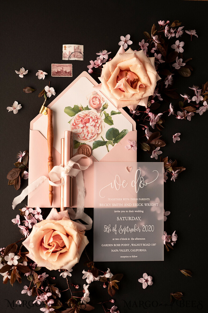 HOCHZEITS EINLADUNGEN Elegante Einladungen Klassische Karten Luxus Gefrorene Acryl Plexi Hochzeits Einladungen, Romantische Blush Pink Hochzeits Einladungen, Elegante Pfingstrose Hochzeitskarten, Minimalistische Hochzeitsstationery