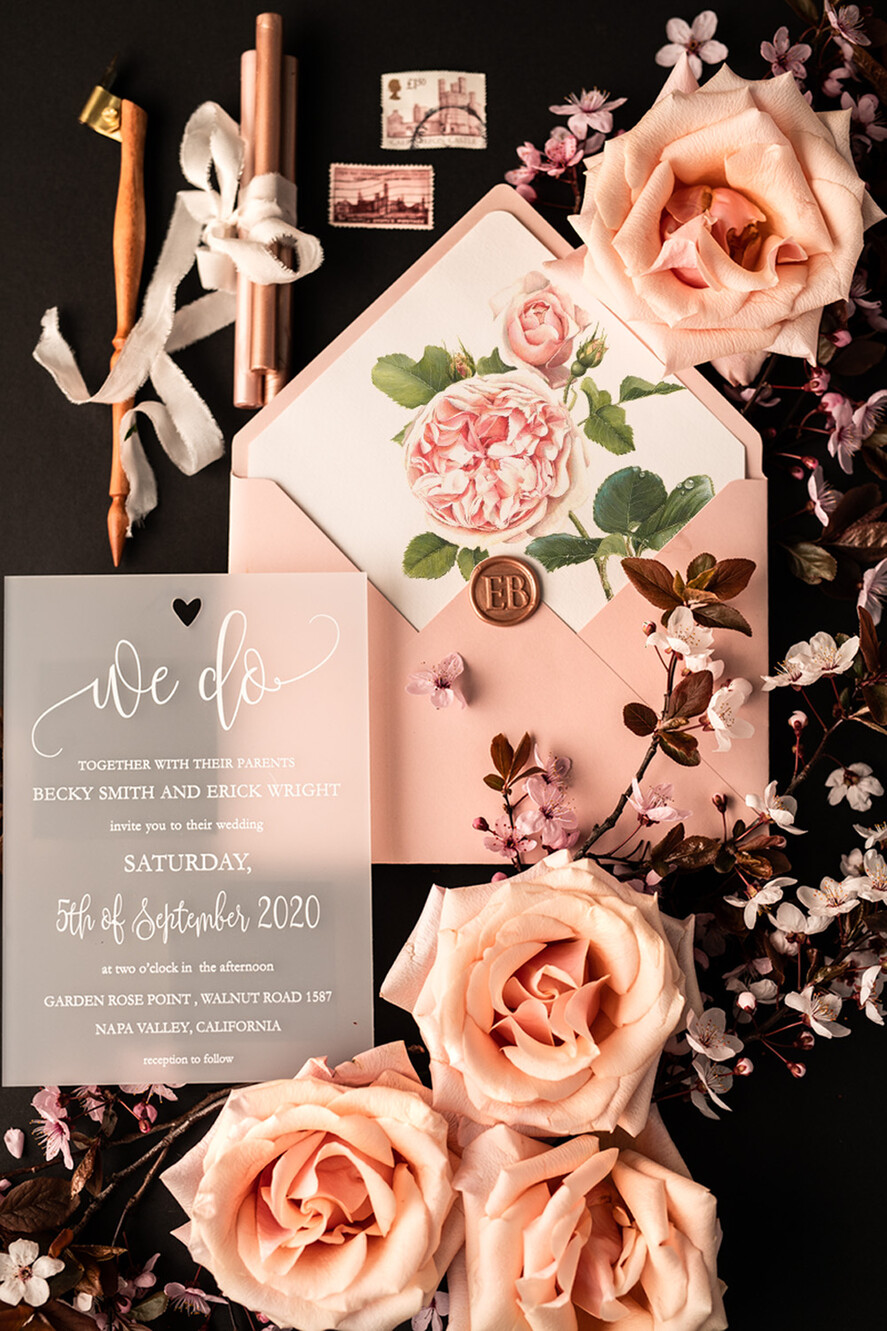 HOCHZEITS EINLADUNGEN Elegante Einladungen Klassische Karten Luxus Gefrorene Acryl Plexi Hochzeits Einladungen, Romantische Blush Pink Hochzeits Einladungen, Elegante Pfingstrose Hochzeitskarten, Minimalistische Hochzeitsstationery