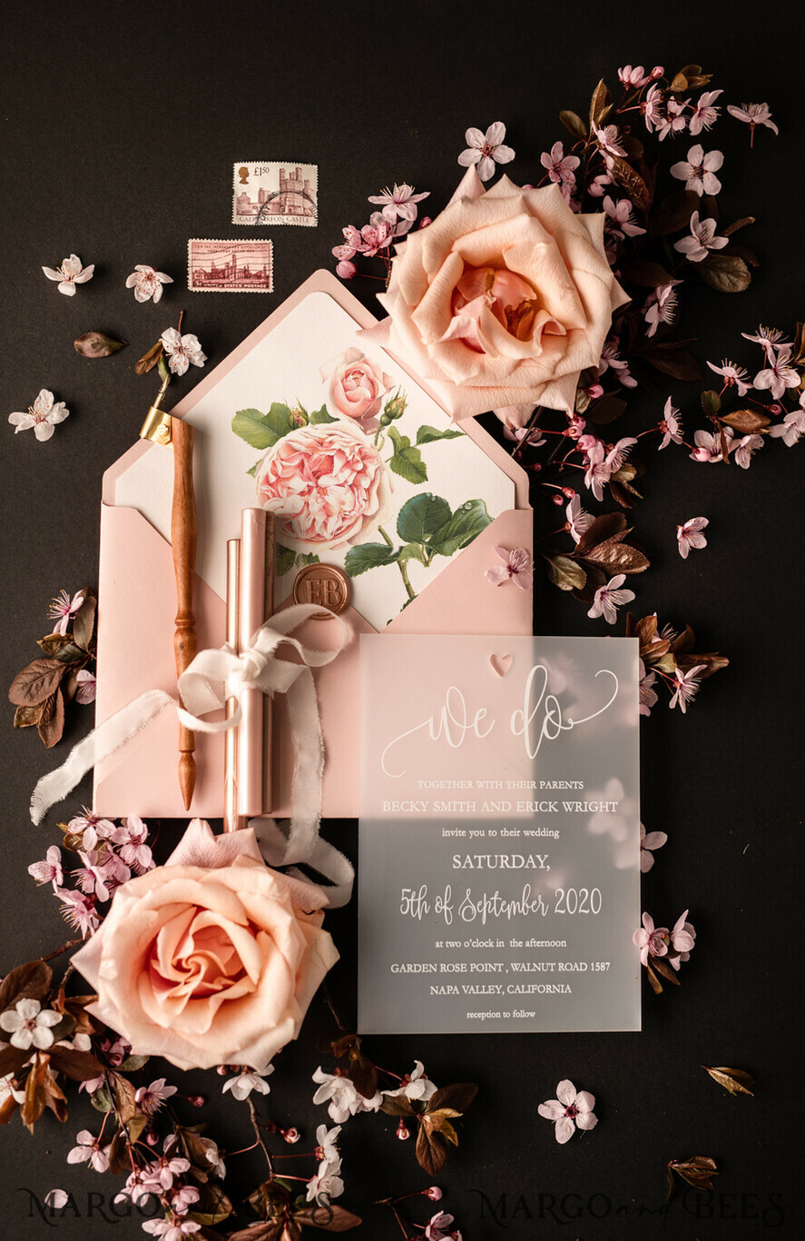 HOCHZEITS EINLADUNGEN Elegante Einladungen Klassische Karten Luxus Gefrorene Acryl Plexi Hochzeits Einladungen, Romantische Blush Pink Hochzeits Einladungen, Elegante Pfingstrose Hochzeitskarten, Minimalistische Hochzeitsstationery